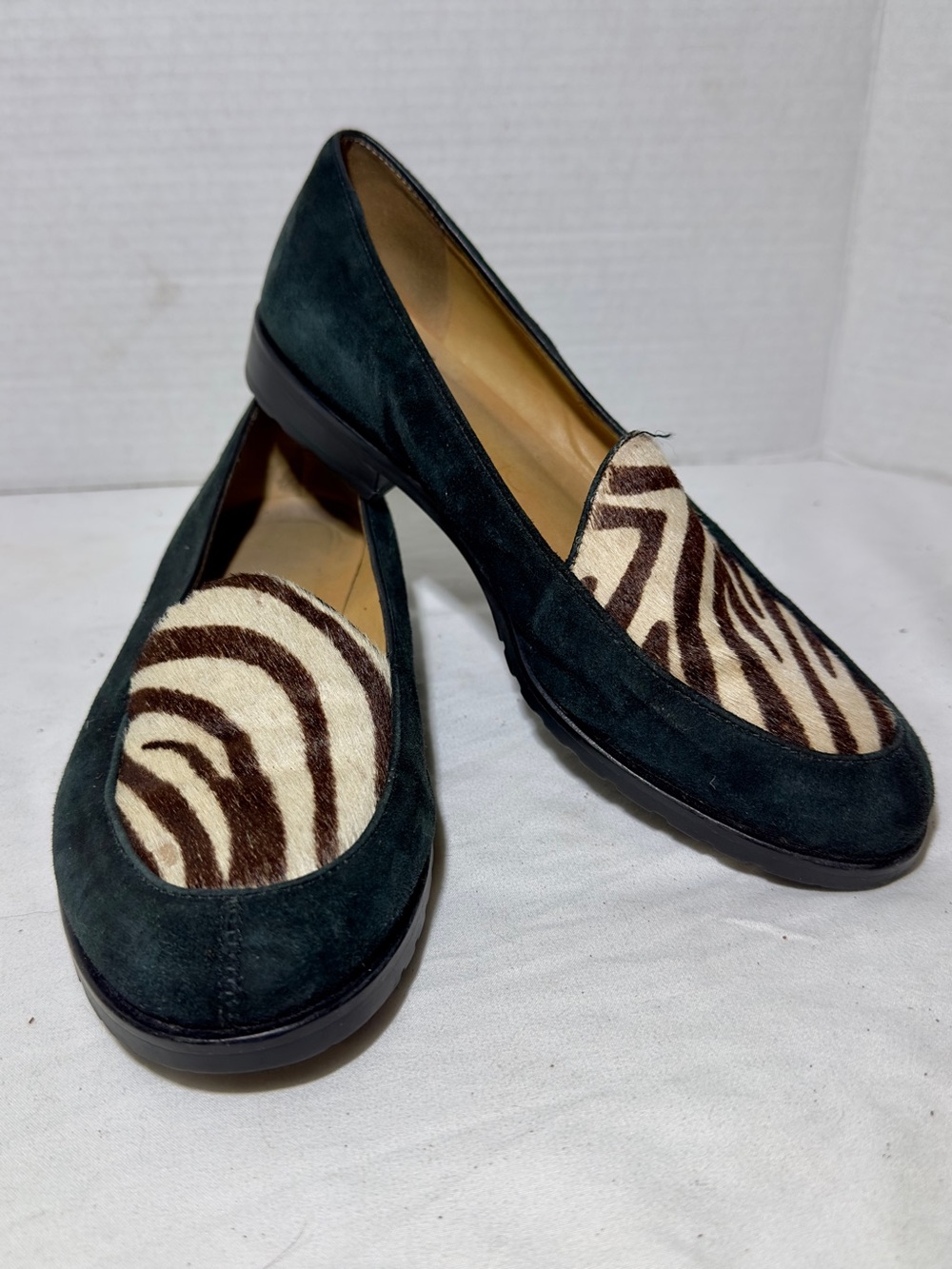 Vintage Black Suede Loafers w/ Zebra Print Calf Hair Toe Sz 7.5M